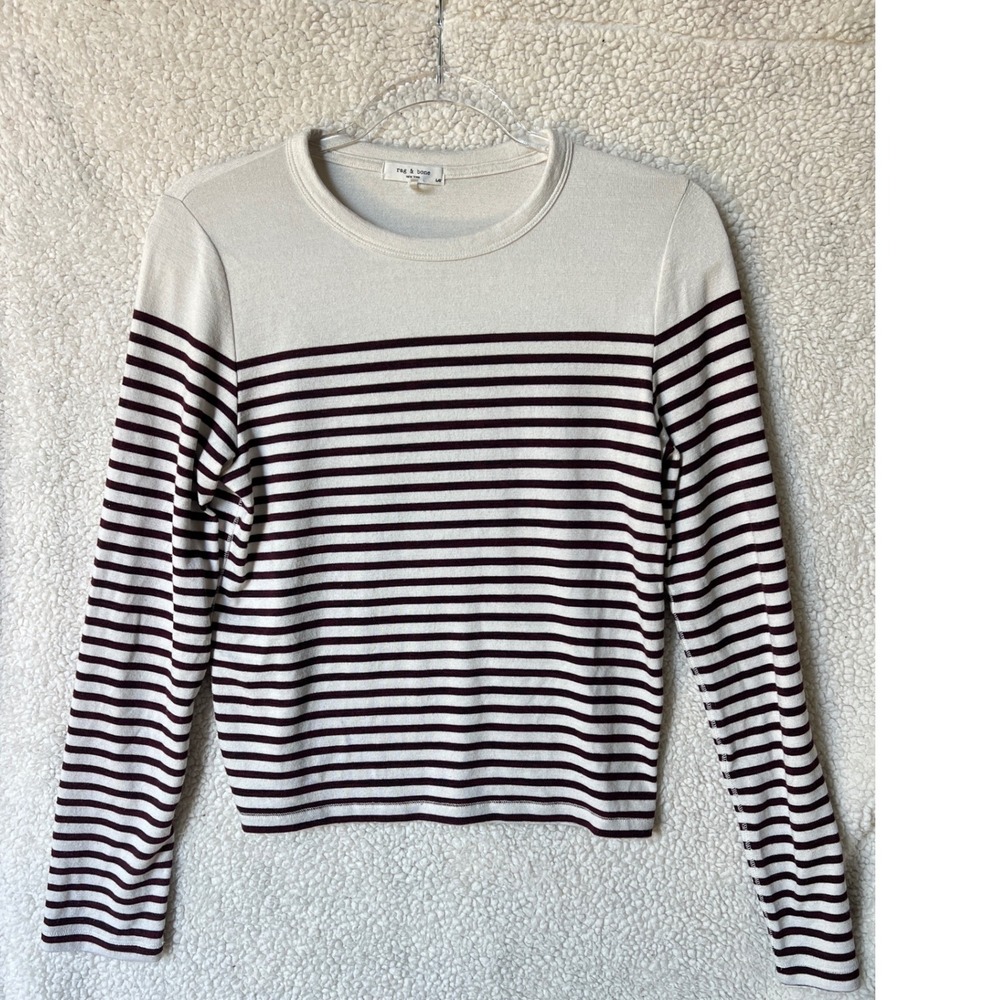 Rag & Bone Womens Striped Long Sleeve Crewneck Top Burgundy Cream Size L